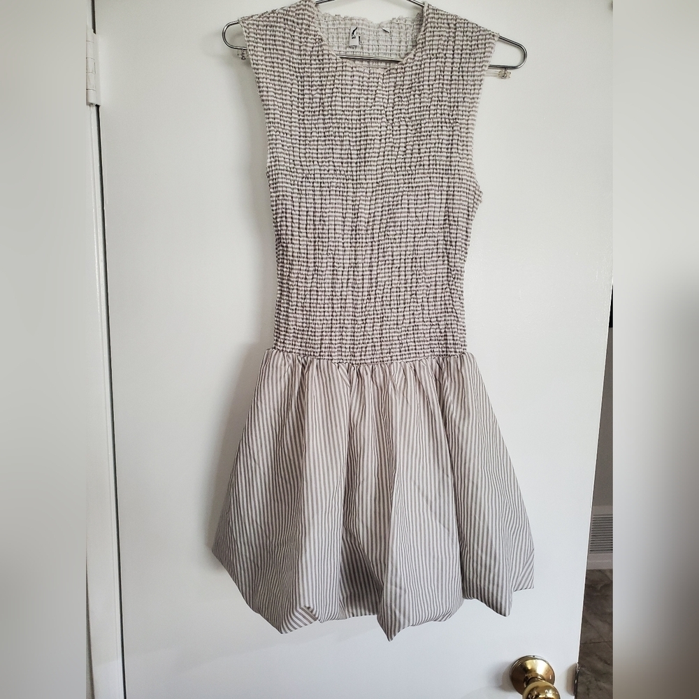 Princess Polly Sleeveless Smocked Bodice Striped Mini Dress in Cream and Gray